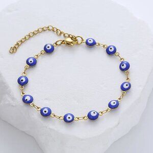 Minimalist Blue & Gold Beaded Evil Eye Spiritual Boho Protection Bracelet NEW